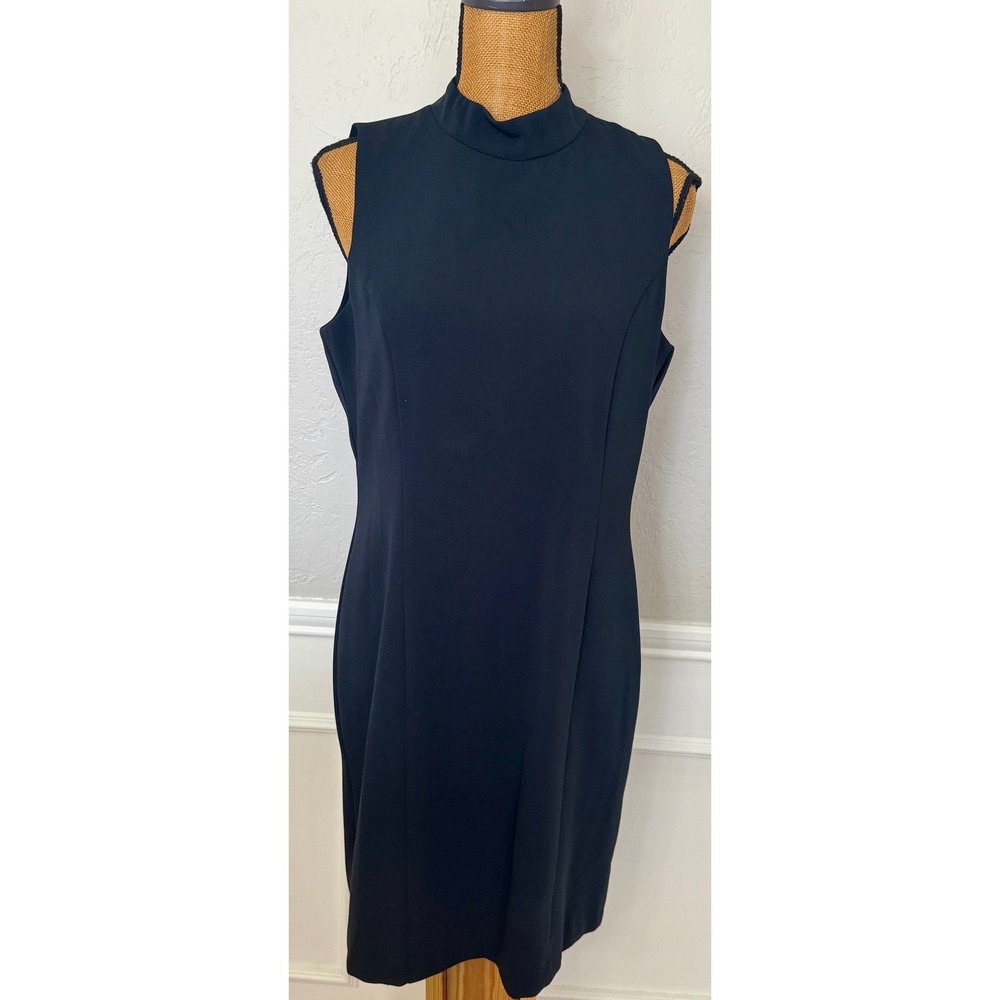 Newport News Easy Style Black Mock Neck Sleeveless Sheath Dress Size 14 Vintage